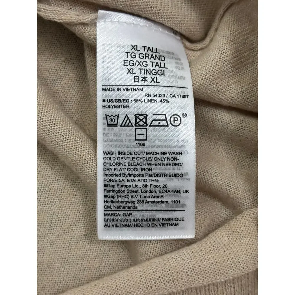 Gap‎ Mens XL Tall Beige V-Neck Sweater Linen Blend Long Sleeve Knit Pullover